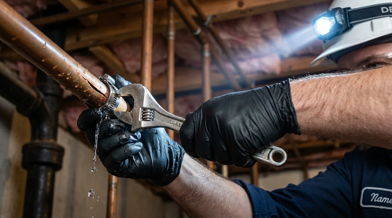 Emergency pipe clamp repair being performed by a Johns Plumbing LLC plumber in Berea